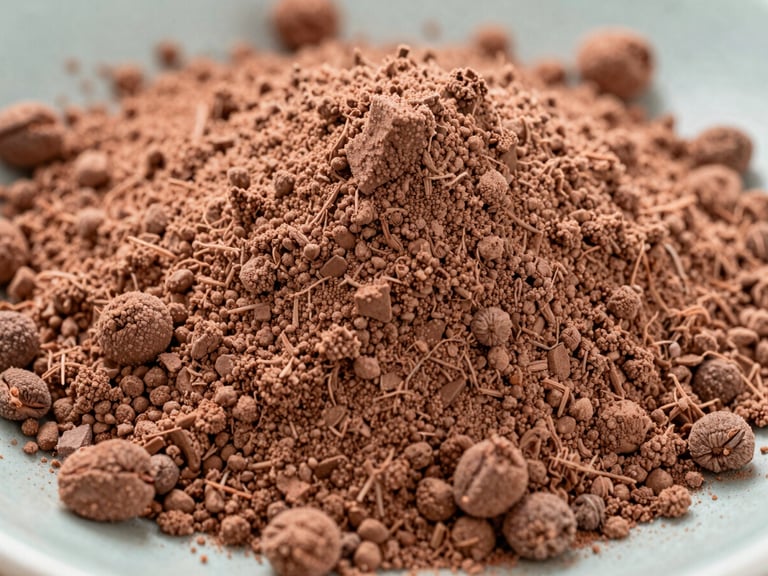 Macro shot of organic Rosa Canina powder texture, cold northern daylight, soft shadows, desaturated rosehip terracotta.