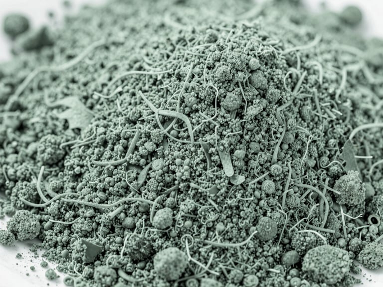 Macro shot of dried Ascophyllum Nodosum powder texture, cold northern daylight, soft shadows, desaturated sea green.