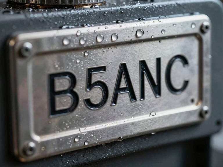 Extreme macro shot of an etched stainless steel nameplate on industrial machinery, water droplets on the metallic surface, cool high-contrast lighting highlighting the deep-etched black filled lettering.