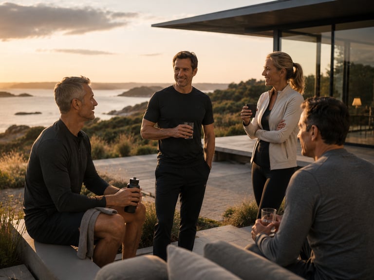 Groupe de dirigeants et entrepreneurs échangeant après une séance de coaching santé face au Golfe