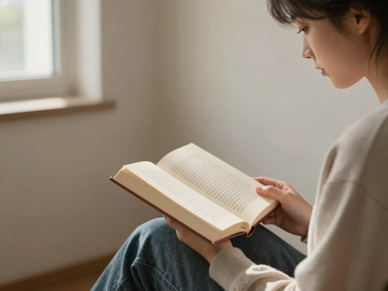 A young adult reading a book in a quiet, sunlit corner of a learning center, soft diffused daylight, muted earth tones, intimate eye-level perspective.