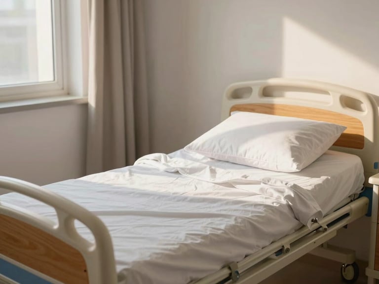 Intimate mid-range view of a neatly made low-profile hospital bed with warm wooden headboards, soft natural morning light streaming through a nearby window, peaceful home setting.