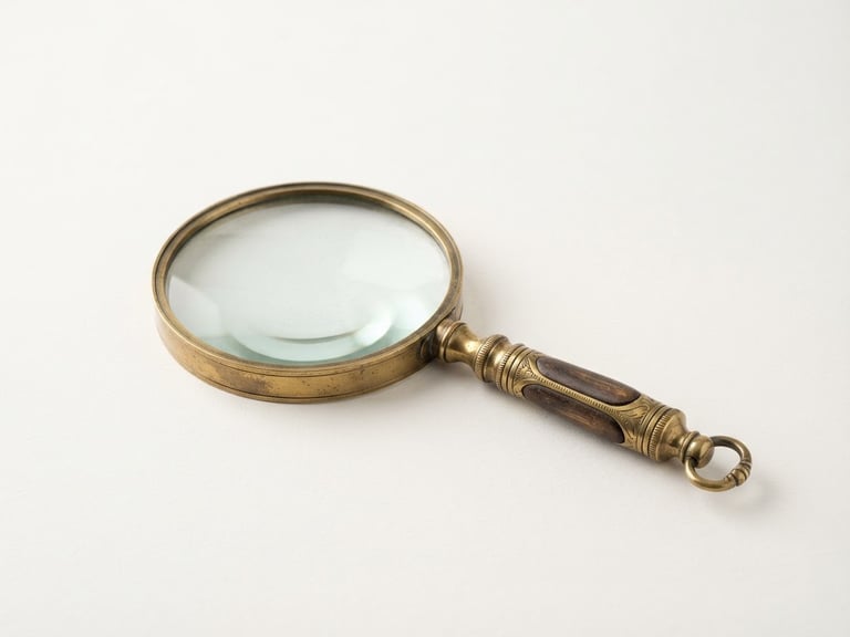 bright high-key product photography of a vintage brass magnifying glass, clean off-white backdrop, crisp studio light, sharp focus, 50mm lens