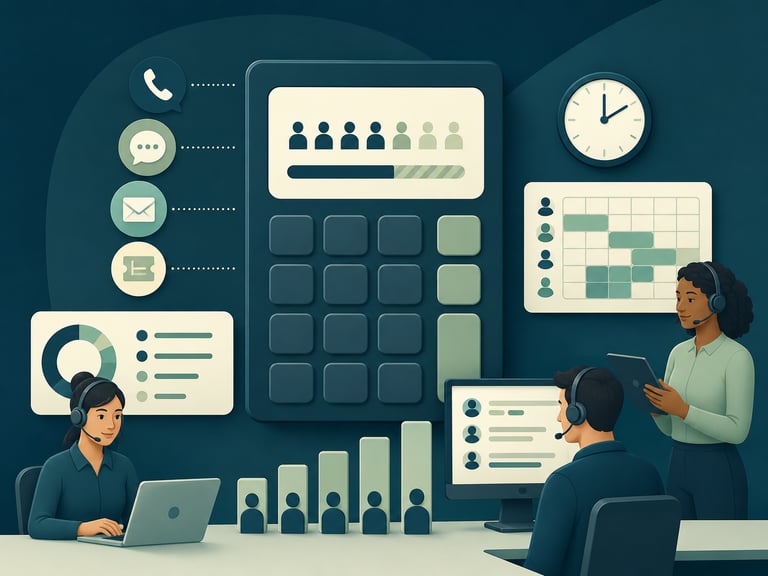 Call center team using workforce management software and data analytics to optimize customer support efficiency.