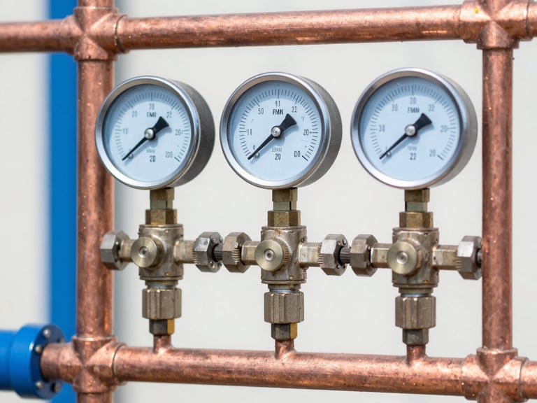 Close-up of clean copper pipework with pressure gauges, bright daylight, sharp focus on technical details, professional blue and red tones, 35mm