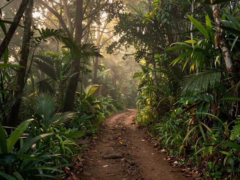 A narrow dirt path winding through dense, mist-laden tropical forest canopy of the Western Ghats, soft golden hour light filtering through green leaves.