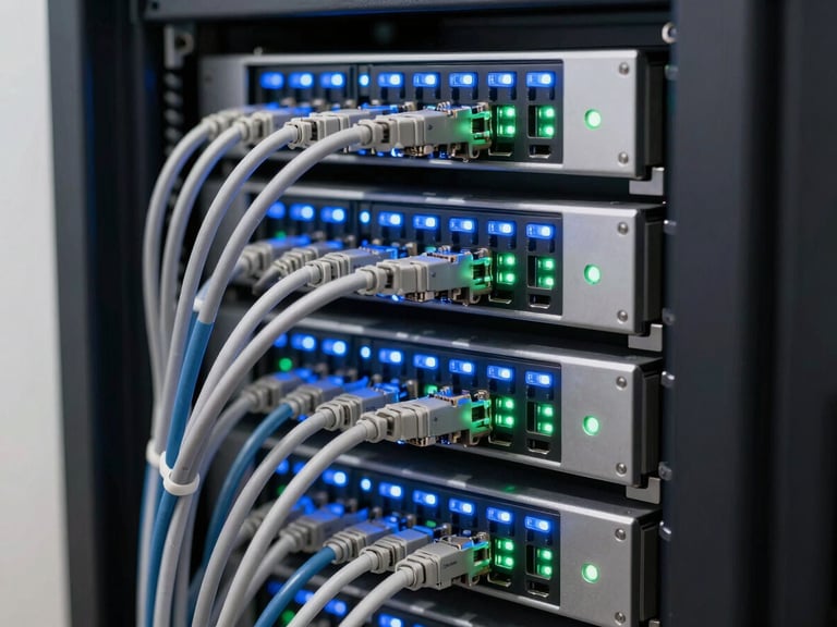 Close-up shot of neat server rack blinking blue and green LEDs, tidy ethernet cables, crisp technical photography, high-contrast modern tech aesthetic