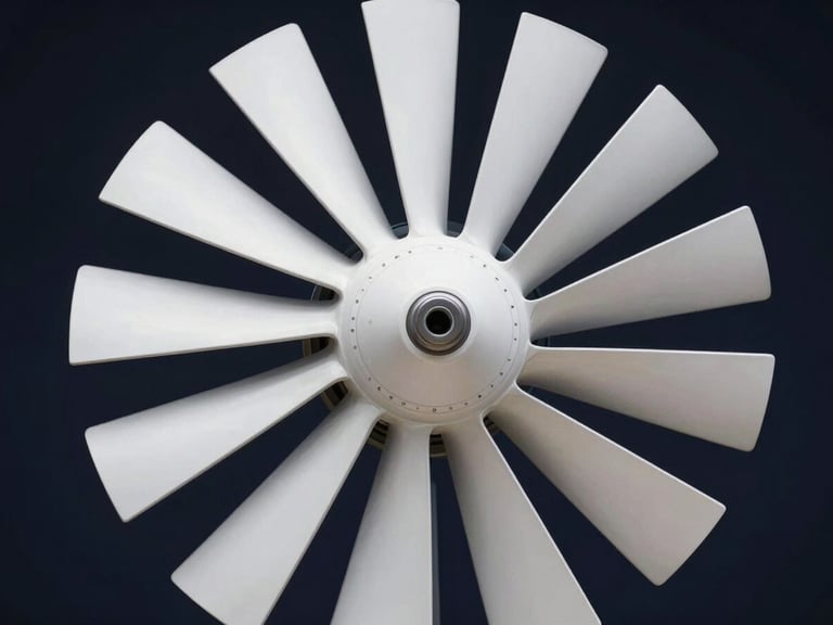 Sleek CAD-style technical render of a white spiral turbine blade, showcasing precise aerodynamic curves, high-contrast lighting, clean dark navy background.