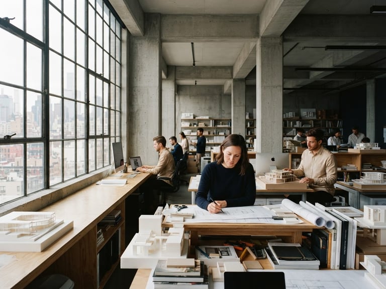 Architectural office space with natural window light, deep navy shadows, minimalist concrete structures, medium format film.