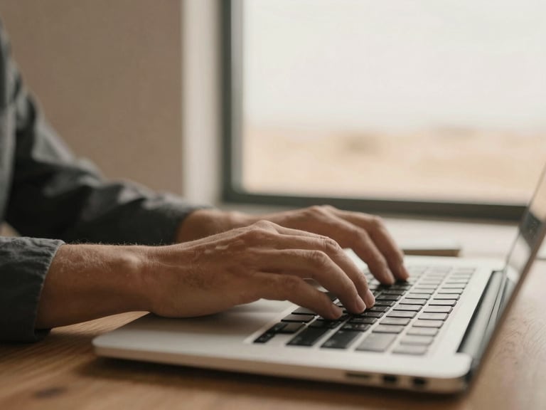 Close-up of professional hands typing on a clean interface, warm desert-tinted window light, modern office setting, muted earth tones, 35mm photography