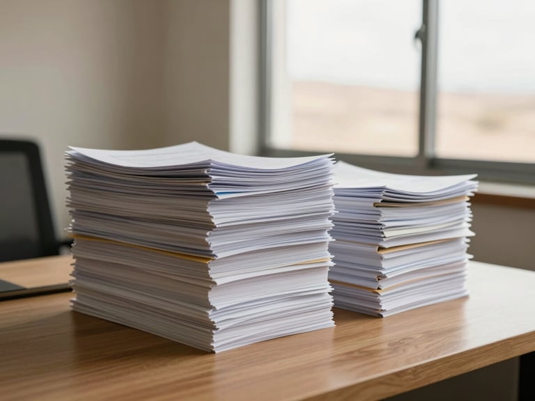 Neat stacks of organized paperwork on a clean wooden desk, soft natural light, professional office environment, warm editorial style, 35mm