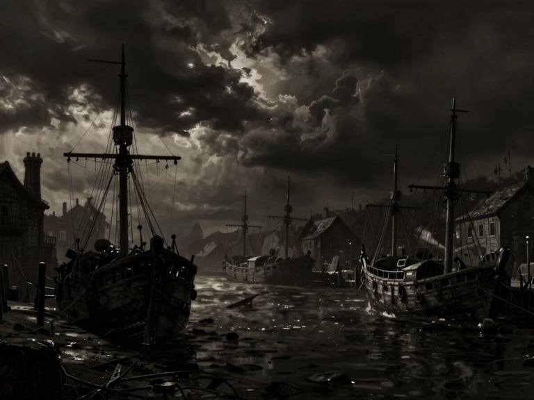 Atmospheric digital painting of a dark, gritty 17th-century harbor under a stormy sky, high-contrast chiaroscuro lighting, deep charcoal and warm sepia tones