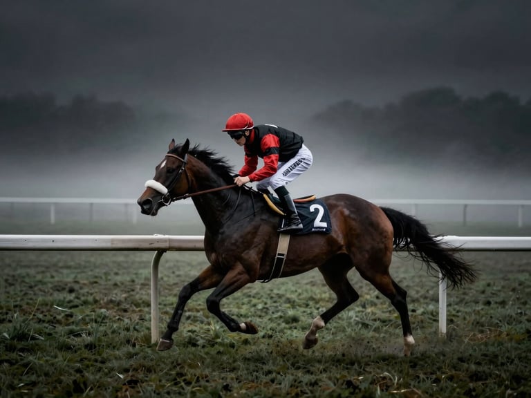 Dramatic sports photography of a single racehorse with jockey in motion during a misty morning workout, dark moody lighting, high contrast