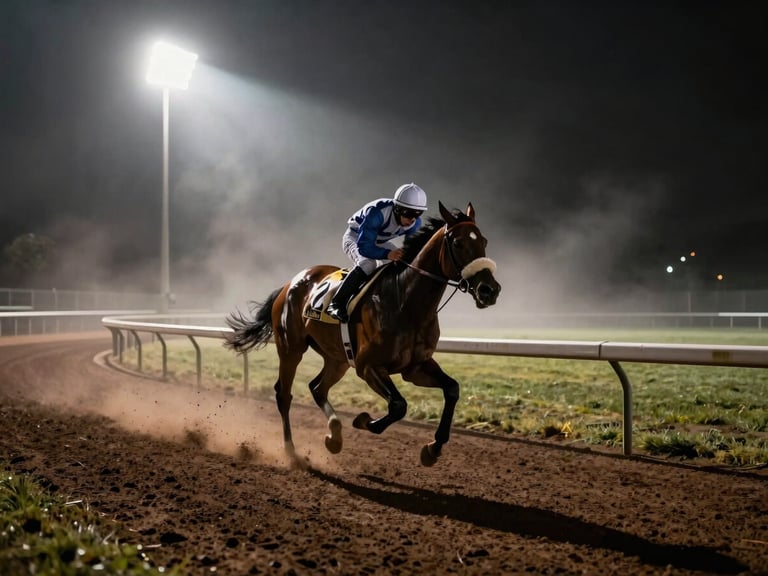 Dramatic sports photography of a racehorse sprinting on a misty track at dawn, high contrast, golden floodlights casting long shadows, 35mm lens