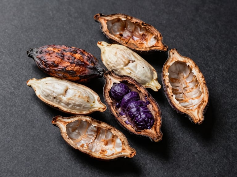 Flat overhead arrangement of raw fermented cacao beans on a dark matte surface, beans split open to show cross-section revealing internal color gradation from pale ivory to deep purple, studio strobe lighting raking across the surface to reveal fermentation texture and skin detail, no garnish, no styling props, austere trading-floor precision