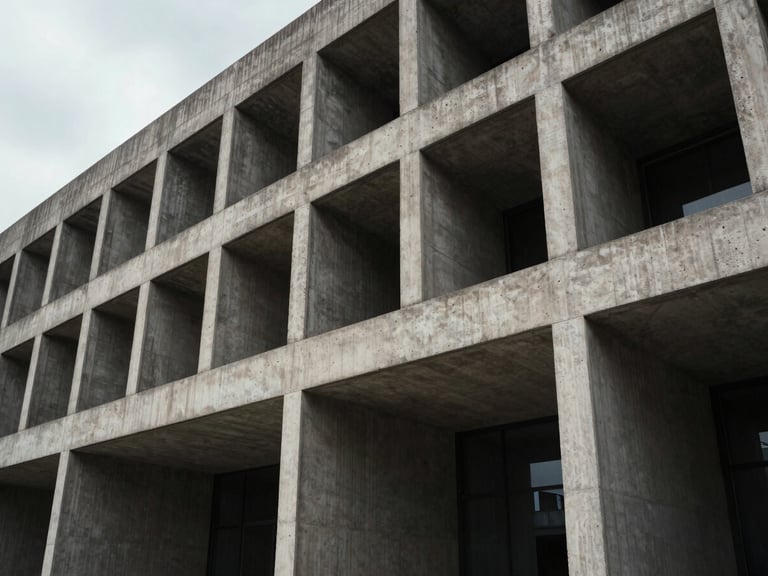 Wide architectural perspective of a brutalist corporate concrete facade with sharp geometric shadows, cool overcast light.