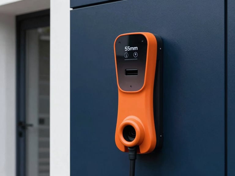Sleek electric vehicle charging point installed on a modern London home exterior, sharp commercial photography, bright high-contrast daylight, deep navy and crisp orange tones, clean architectural focus, 35mm