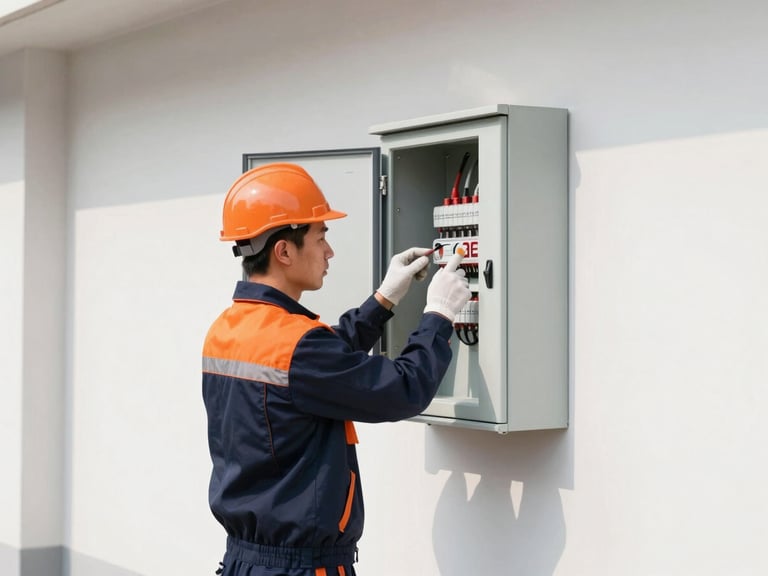 Professional engineer in a branded uniform conducting an EICR test on commercial electrical panel, sharp commercial photography, bright high-contrast daylight, deep navy and crisp orange tones, clean architectural focus, 35mm