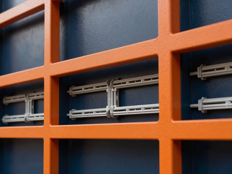 Close-up of a modern, organized consumer unit with neat wiring, sharp commercial photography, bright high-contrast daylight, deep navy and crisp orange tones, clean architectural focus, 35mm