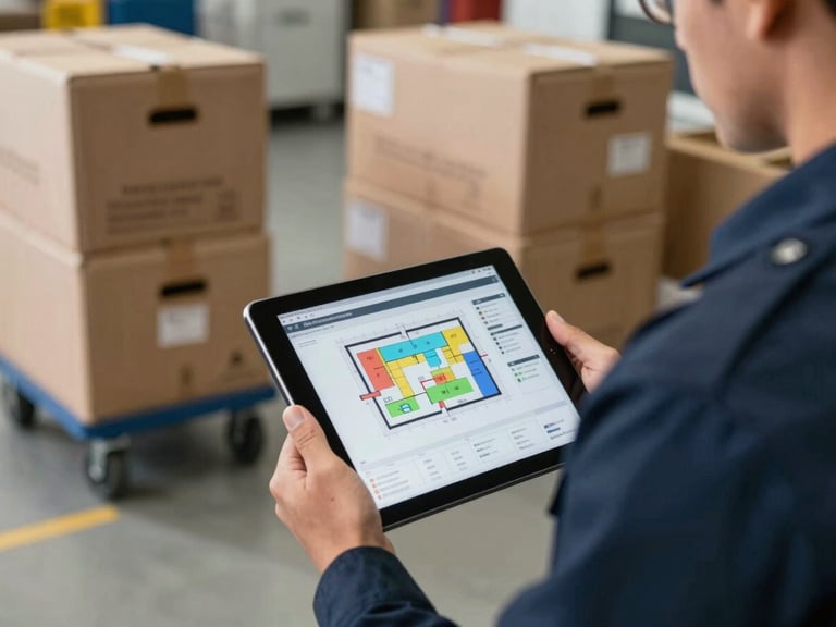 Close-up of a uniformed logistics manager holding a digital tablet displaying a color-coded floor plan, with specialized moving dollies and heavy-duty packing crates in the background.