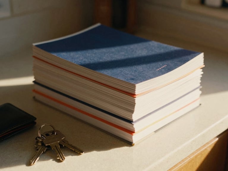 A stack of important documents neatly organized on a sunlit kitchen counter, with keys and a wallet nearby, warm golden hour light, authentic 35mm film style