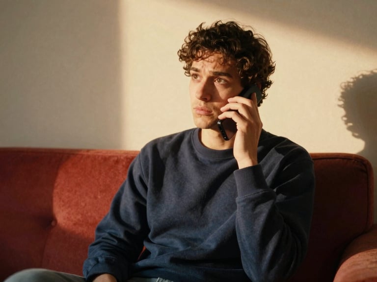A person making a phone call from a comfortable living room, looking concerned but calm, warm golden hour light, authentic 35mm film style