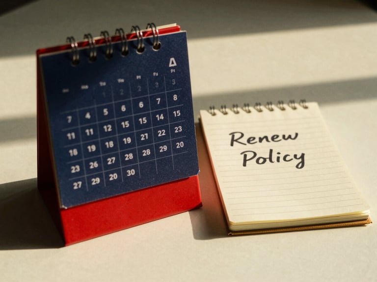 A calendar with a highlighted date, next to a notepad with 'Renew Policy' written on it, on a clean desk, warm golden hour light, authentic 35mm film style