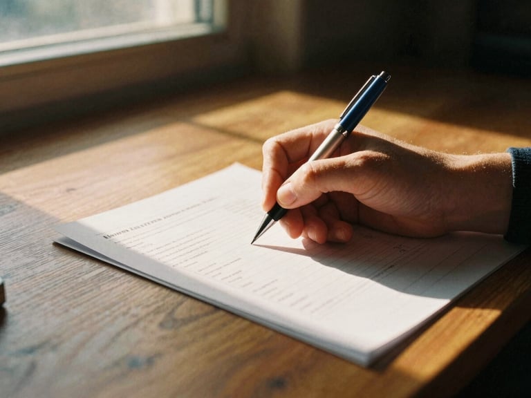A close-up of a hand holding a pen, filling out a form on a wooden desk, sunlit through a window, warm golden hour light, authentic 35mm film style