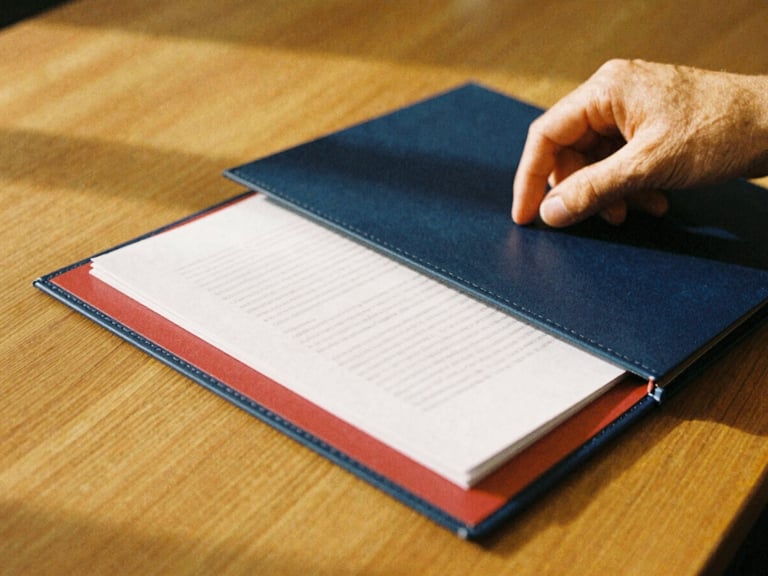 A close-up of a hand carefully placing a document into a folder, on a wooden desk, warm golden hour light, authentic 35mm film style