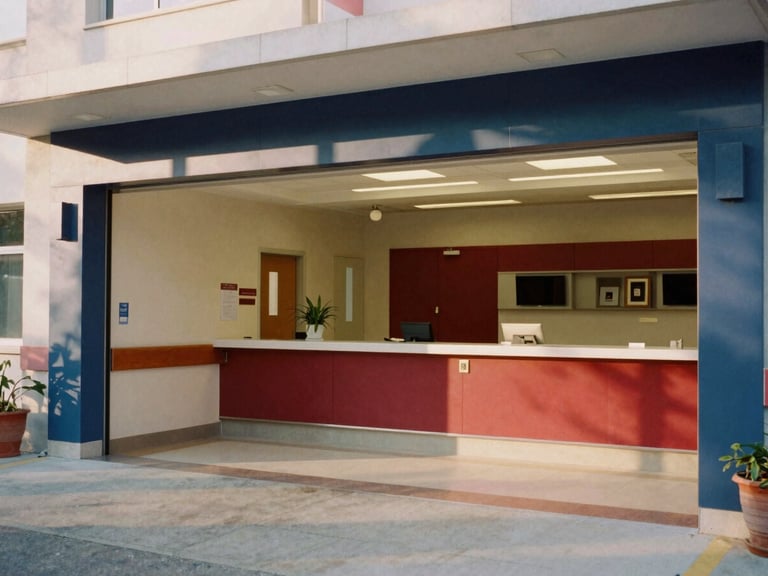 A modern hospital entrance or reception area, clean and well-lit, with subtle natural light, rich navy and crimson tones, authentic 35mm film style