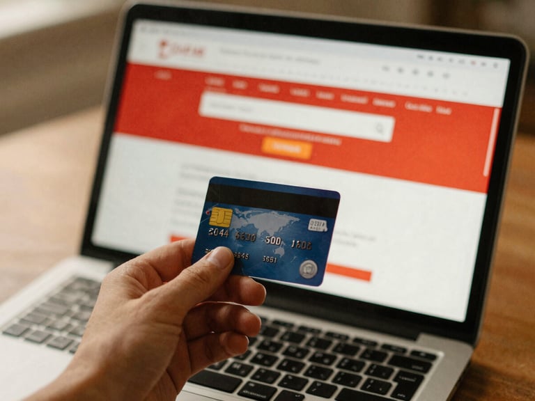 A person's hand holding a credit card near a laptop, showing an online payment portal, warm lighting, authentic 35mm film style