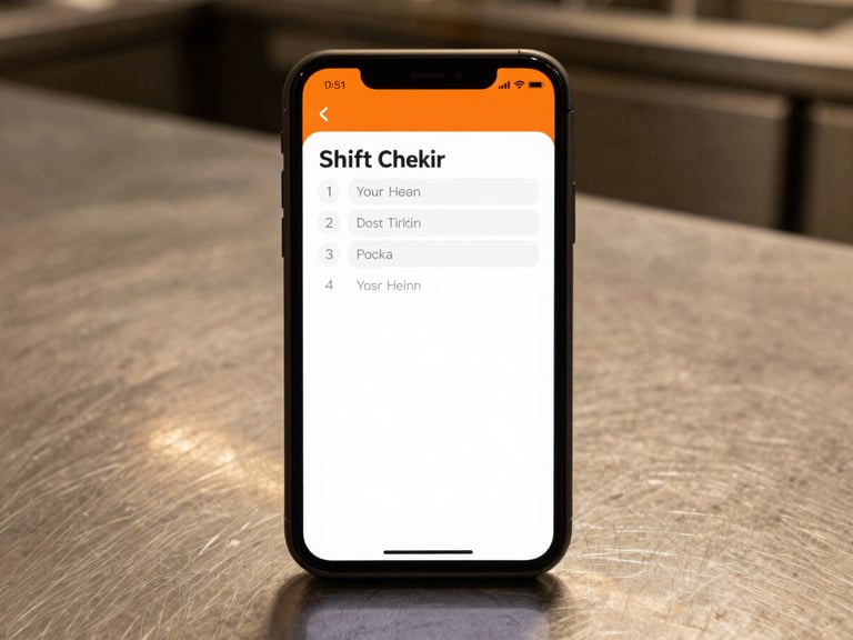 A clean mobile interface displaying a shift checklist resting on a stainless steel counter, high-contrast kitchen ambient light, rich orange accents, 35mm
