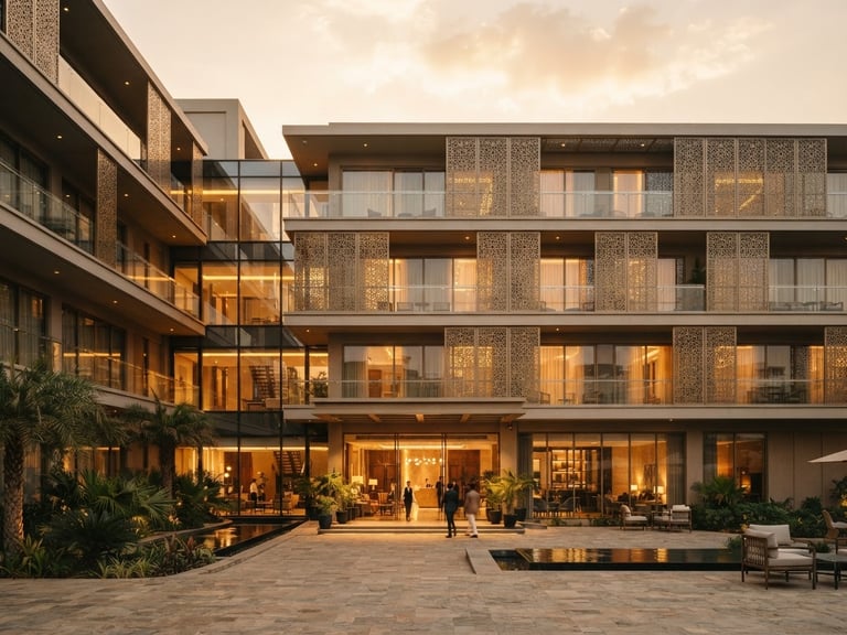 Elegant architectural exterior of Awan DHA hotel in Lahore, warm golden-hour sunlight filtering through modern facades, clean minimal design, 35mm