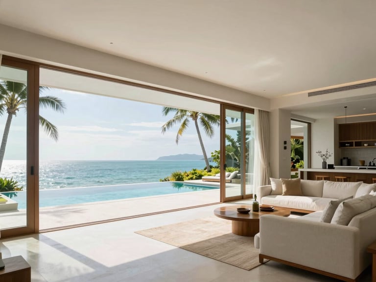 Bright editorial architectural wide angle of a sun-drenched luxury villa living room in Koh Samui, sparkling glass doors open to an infinity pool, ocean horizon, soft tropical daylight.
