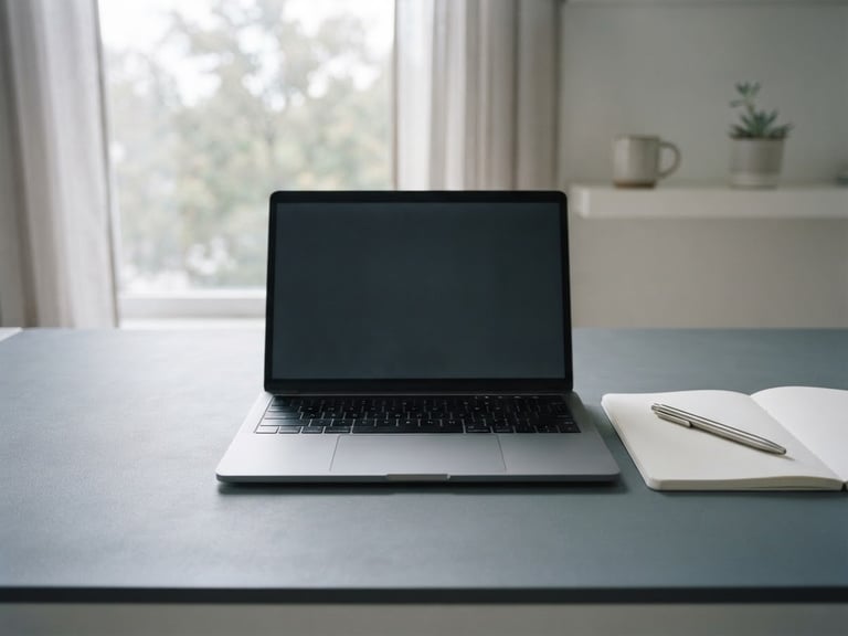Minimalist organized workspace with a high-end laptop, clean notebook, and a single metal pen under soft natural overcast light, cool slate and white tones, 35mm