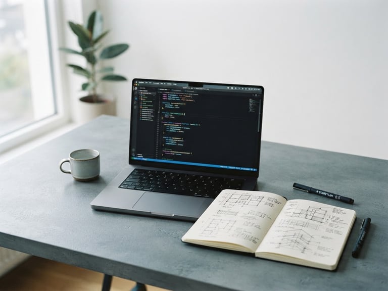 Minimalist organized workspace with a modern laptop showing clean code, a notebook with architectural diagrams, soft overcast daylight, cool slate tones, 35mm