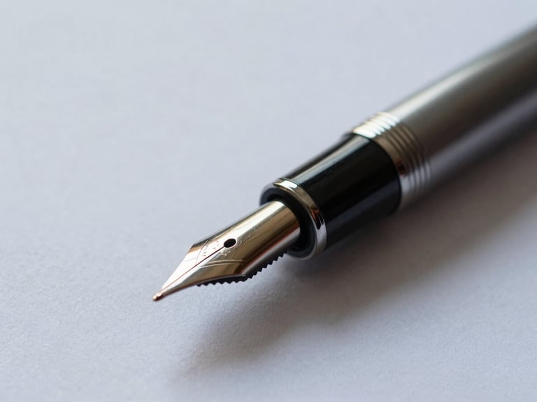 Extreme close-up of a luxury fountain pen resting on a thick textured contract paper, soft cool natural daylight from the side, sharp focus on the metallic nib, minimalist corporate setting.