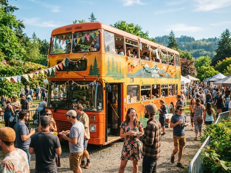 Vibrant outdoor lifestyle photography of a bright orange and yellow double-decker bus parked at an Oregon community event, sunny daylight.