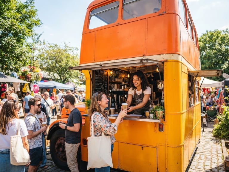 Vibrant orange and yellow double-decker bus parked at a sunny outdoor community market, happy patrons ordering espresso at the window, bright daylight
