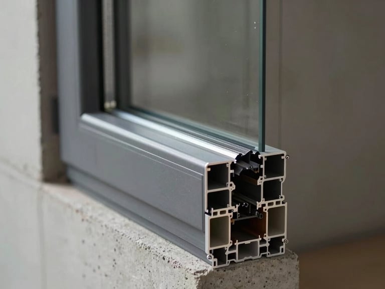Close-up of high-quality triple-glazed window profile integrated into a concrete wall, precise insulation layer visible, soft side lighting