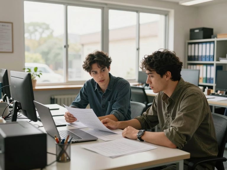 Wide shot, warm natural daylight through large windows, a tidy professional workspace with two team members at adjacent desks reviewing open files and a laptop, both leaning in with focused attention, orderly shelves of binders visible in background, documentary framing, no posed smiling