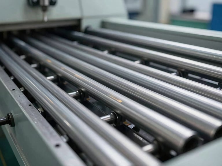 Wide shot of a cold-drawing machine in a clean industrial facility, steel tubes being processed, crisp lighting, focus on precision engineering