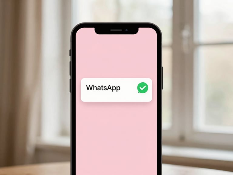 Elegant phone mockup displaying a warm, personalized WhatsApp reminder message being sent to a client, with a checkmark indicating delivery, soft natural window light, cream and pink tones.