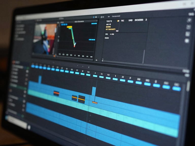 Close-up macro shot of a professional video editing timeline on a high-resolution display, complex audio and video tracks, glowing electric blue indicators, dark studio background.