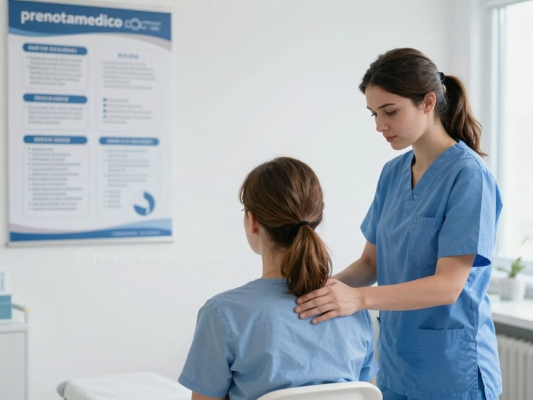 European patient receiving assistance from a nurse in a clinic, a subtle 'prenotamedico.com' watermark visible on a nearby informational poster, soft natural daylight.