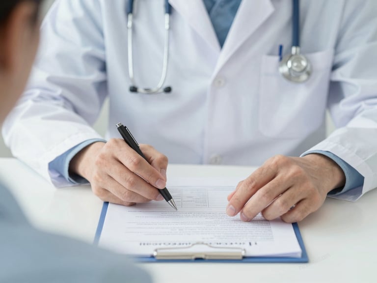 Close-up of a European doctor's hands explaining a medical chart to a patient, a subtle 'prenotamedico.com' watermark on the chart, soft natural daylight.