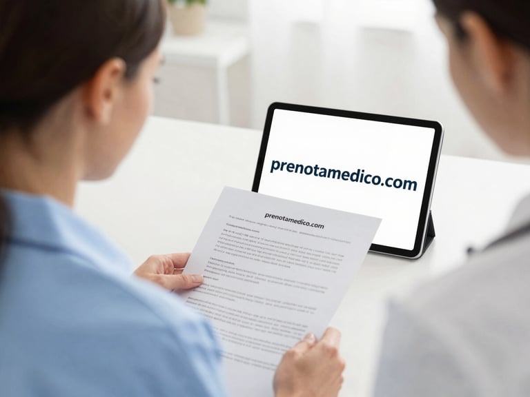 European woman reviewing documents with a healthcare professional, a tablet showing 'prenotamedico.com' in the background, soft natural daylight, subtle 'prenotamedico.com' watermark.