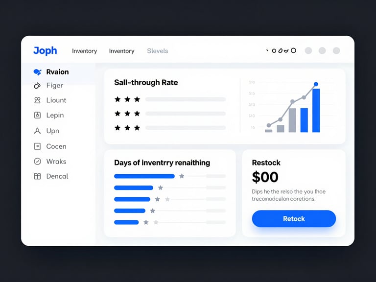 Clean dashboard UI showing inventory levels, sell-through rate, days of inventory remaining, and restock recommendations, data pipelines visual, crisp white background, vector precision.