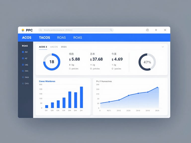 Crisp screenshot of a PPC campaign performance dashboard with ACOS, TACOS, ROAS metrics and interactive charts, clean UI, cool blue accents, high-fidelity digital product rendering.