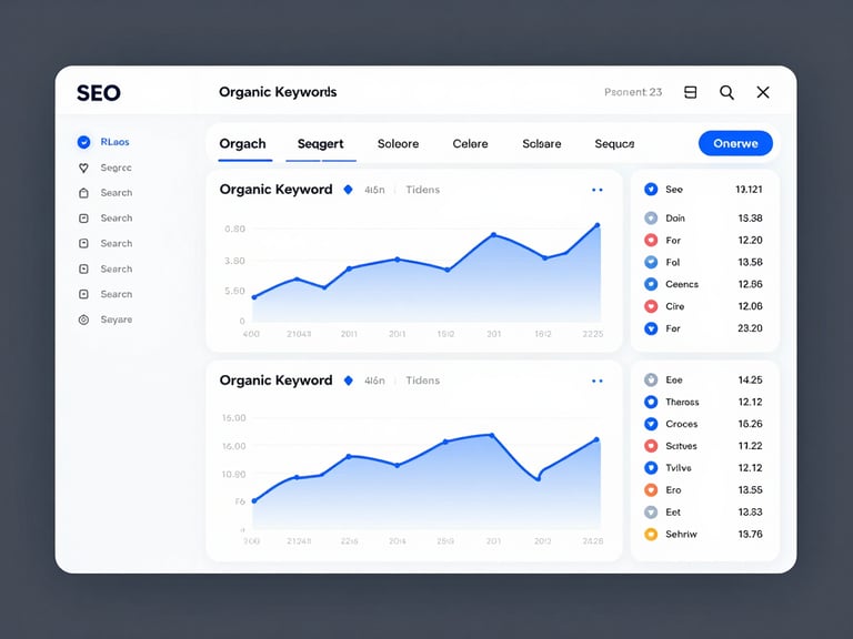 High-fidelity UI screenshot of an SEO keyword ranking dashboard, showing organic keyword positions, search volume trends, and competitor comparison, structured tabular layout, crisp studio lighting.